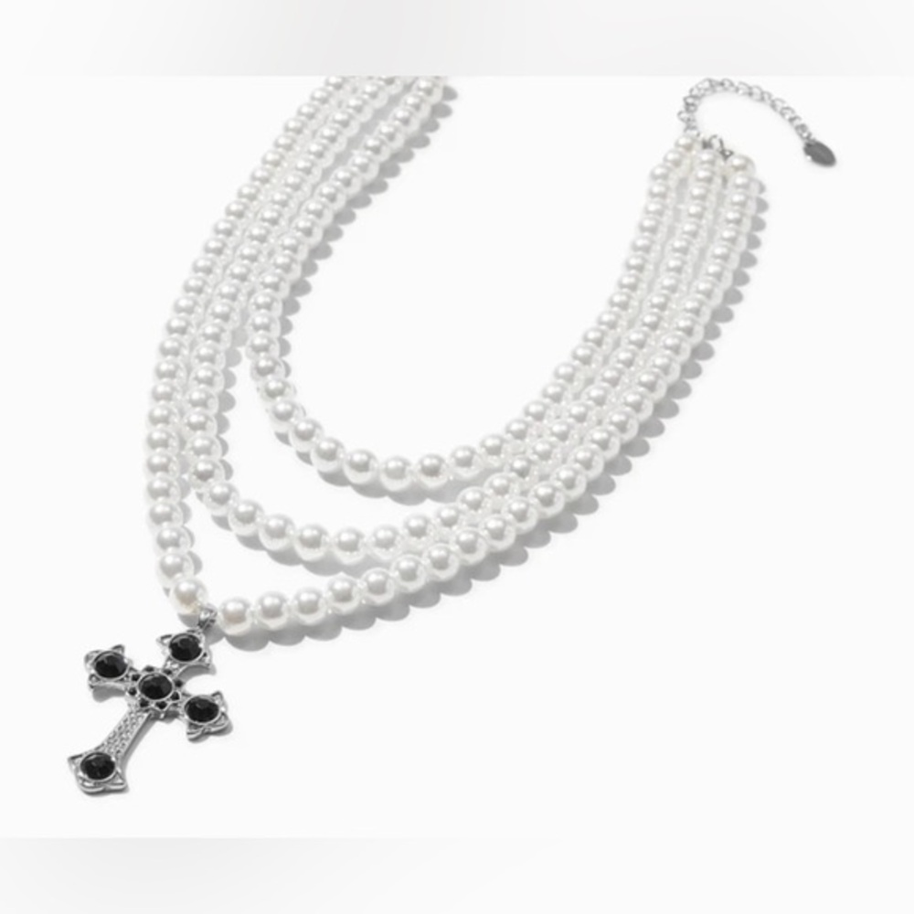 Pearl Cross Multi Strand Braided Necklace Women’s Fashion Jewelry Trending New